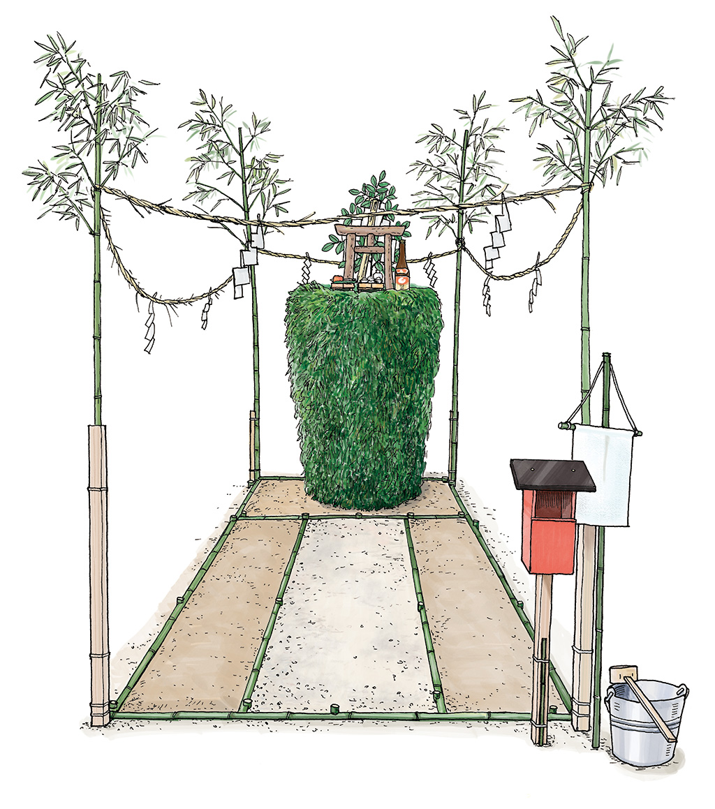 イラスト。植物を組んで作られた祭壇のようなもの。四隅に竹の柱があり、しめ縄で囲われている。