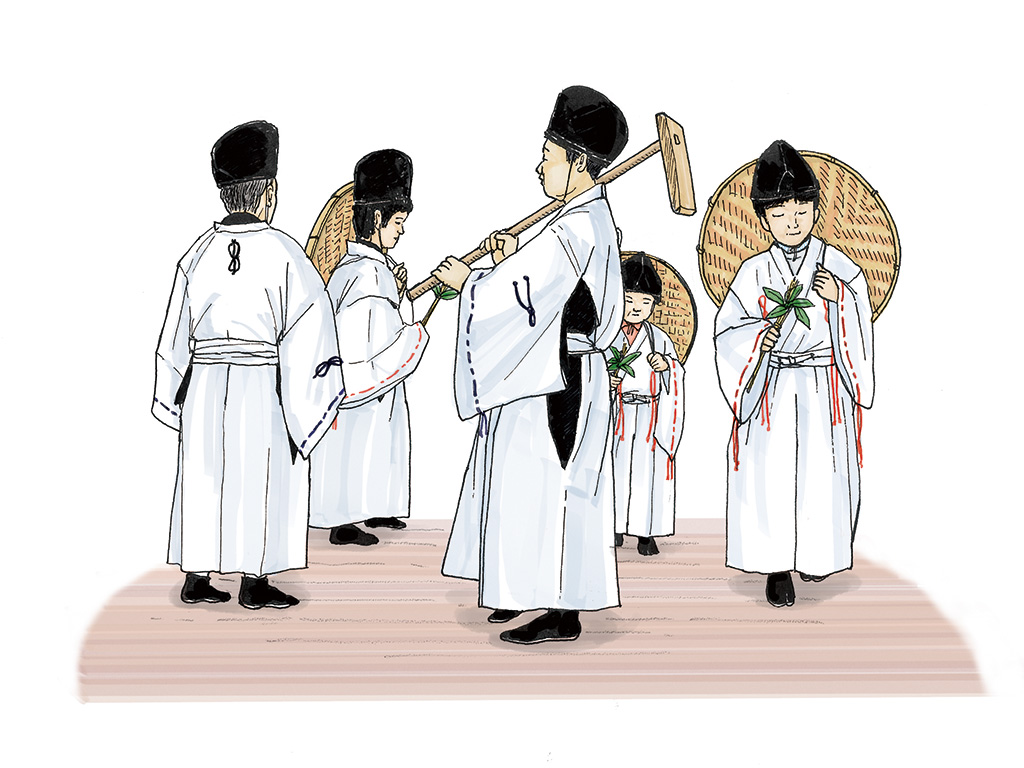 イラスト。神主のような白い和装の五人の人物がザルを担いだり、鍬状のものを担いでいる。