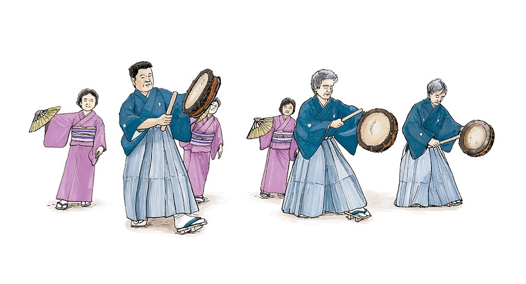 イラスト。太鼓を叩きながら踊る和装の男性三人のあと、和装の三人の女性が扇子を持って踊っている。
